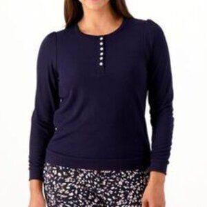 SPLENDID ANTHROPOLOGIE ANTHRO Waffle Mixed Puff Sleeve Top Navy Blue Henley Knit